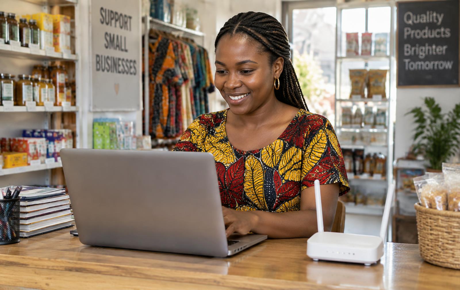 Nigerian business owner working on a laptop beside a Wi-Fi router in her shop