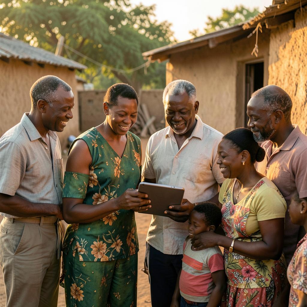 Community members sharing a tablet outdoors