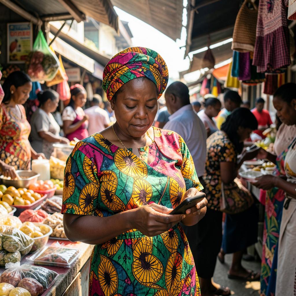 Market trader using a mobile phone at her stall