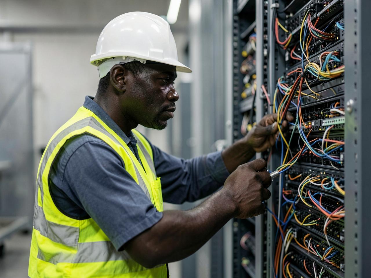 Technician working on network equipment in an equipment room